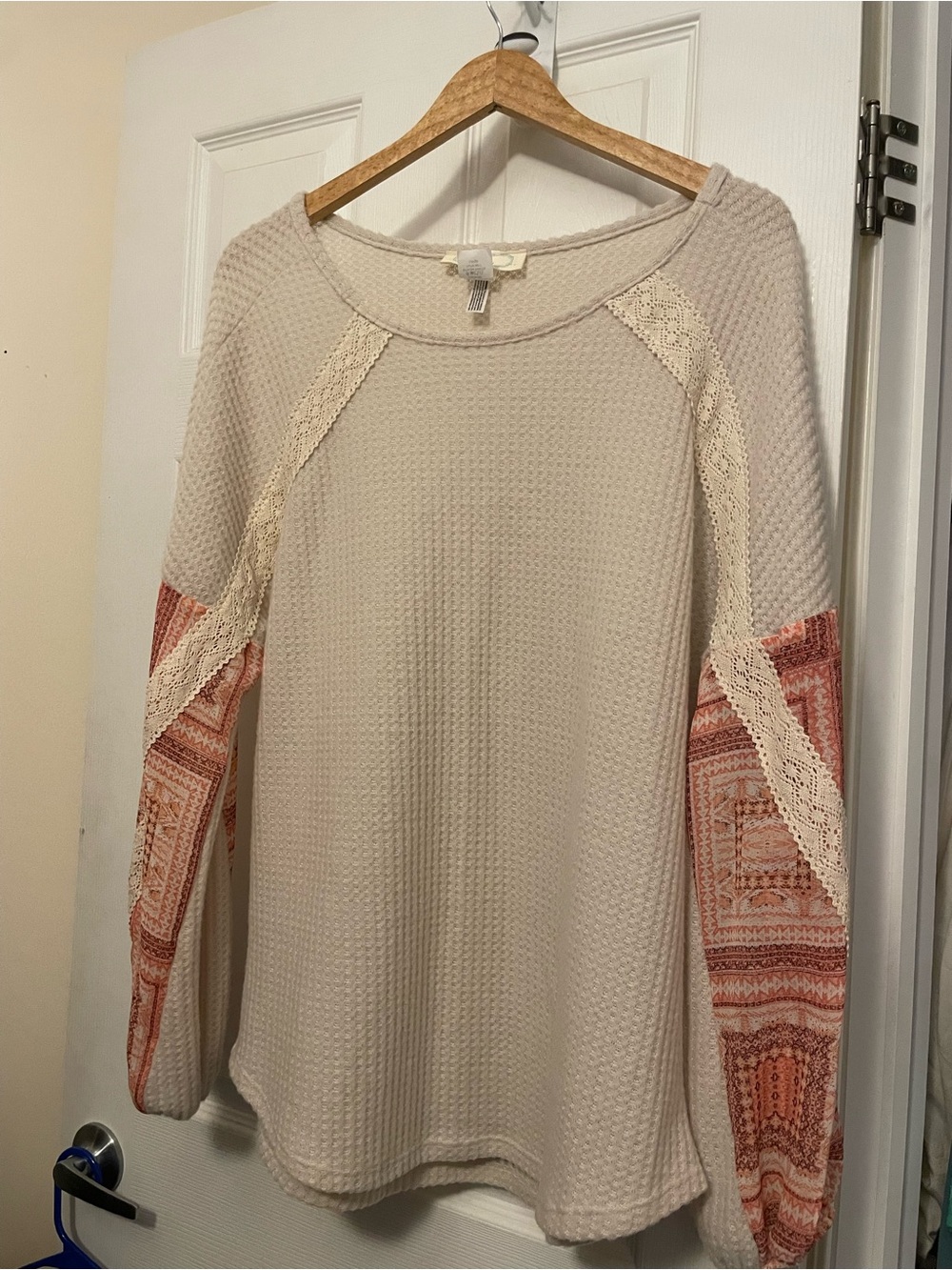 Cream Waffle-Knit Pullover with Coral Accent Sleeves